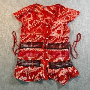 Vintage Per Una Red Tie Dye Ruffle Button Up Top Size 12 Boho Fairycore cottage